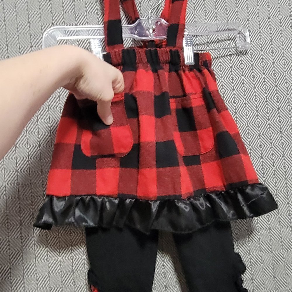 2 Piece SET Red And Black Checkerboard Lumberjack Overalls Skirt & Leggings SET - Picture 2 of 13